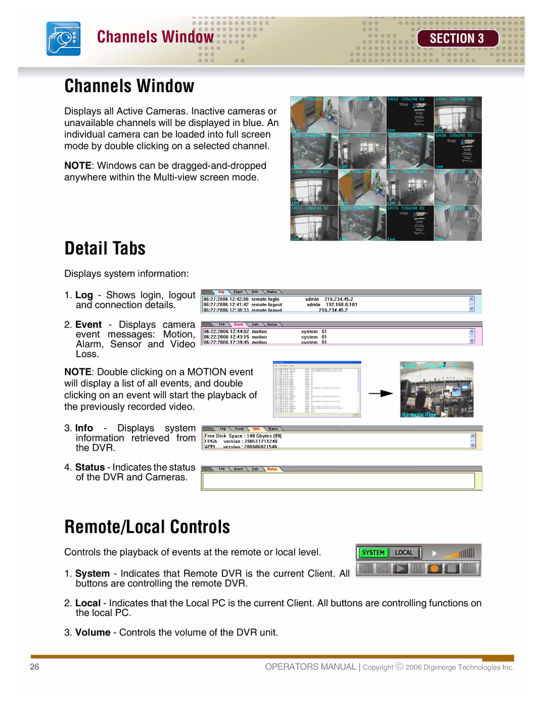 LOREX Technology DHU500 manual Channels Window, Detail Tabs, Remote/Local Controls 