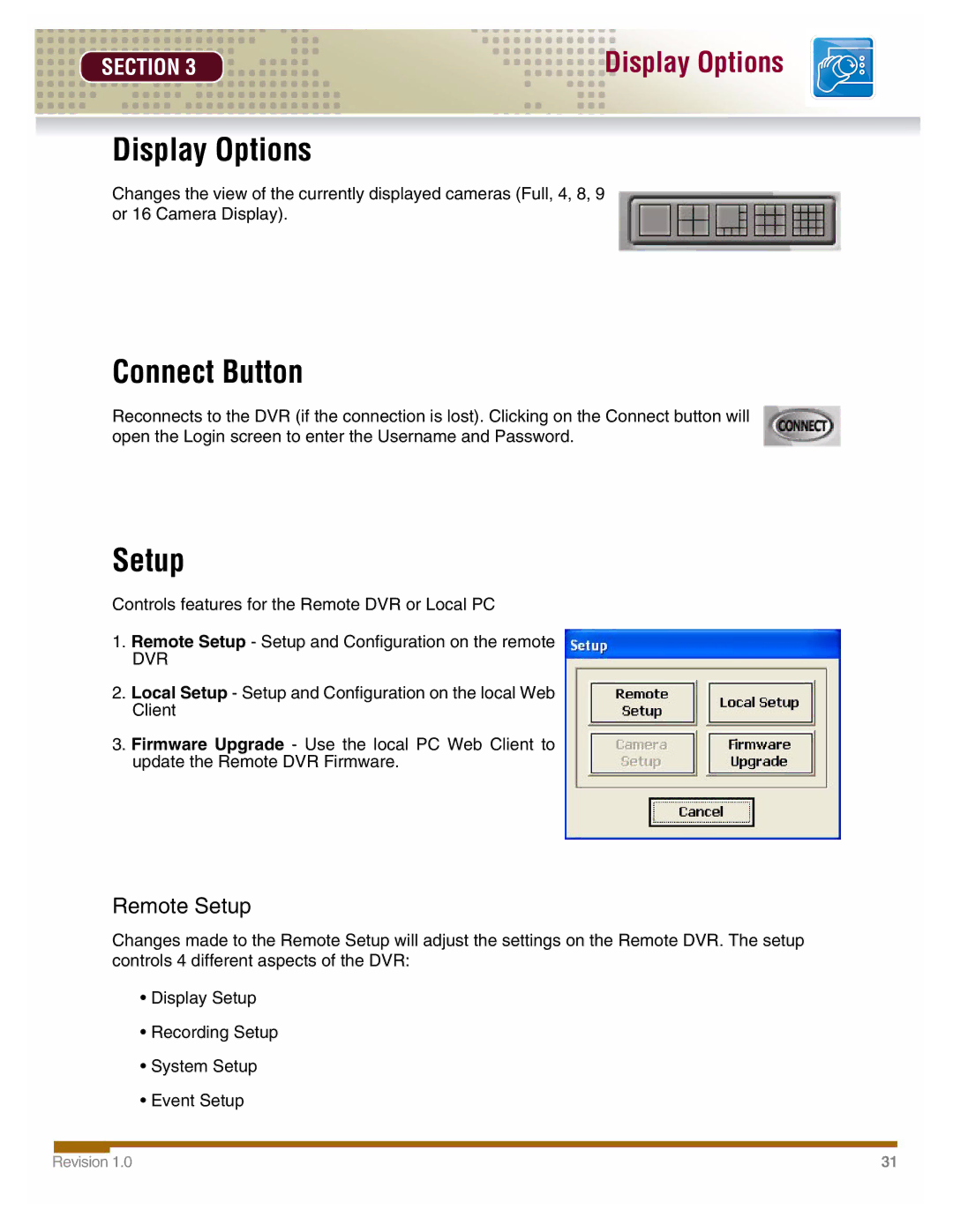 LOREX Technology DHU500 manual Display Options, Connect Button, Remote Setup 