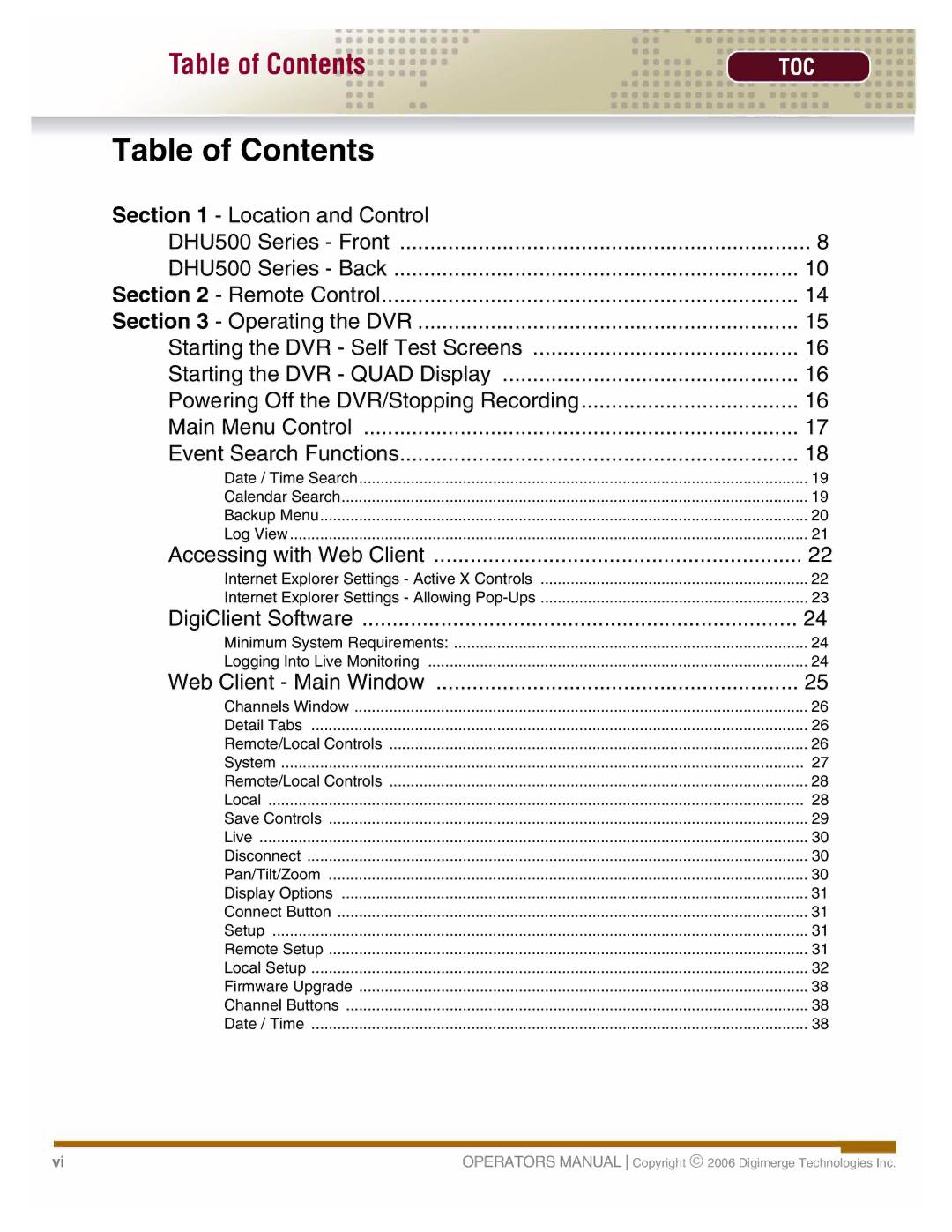 LOREX Technology DHU500 manual Table of Contents 