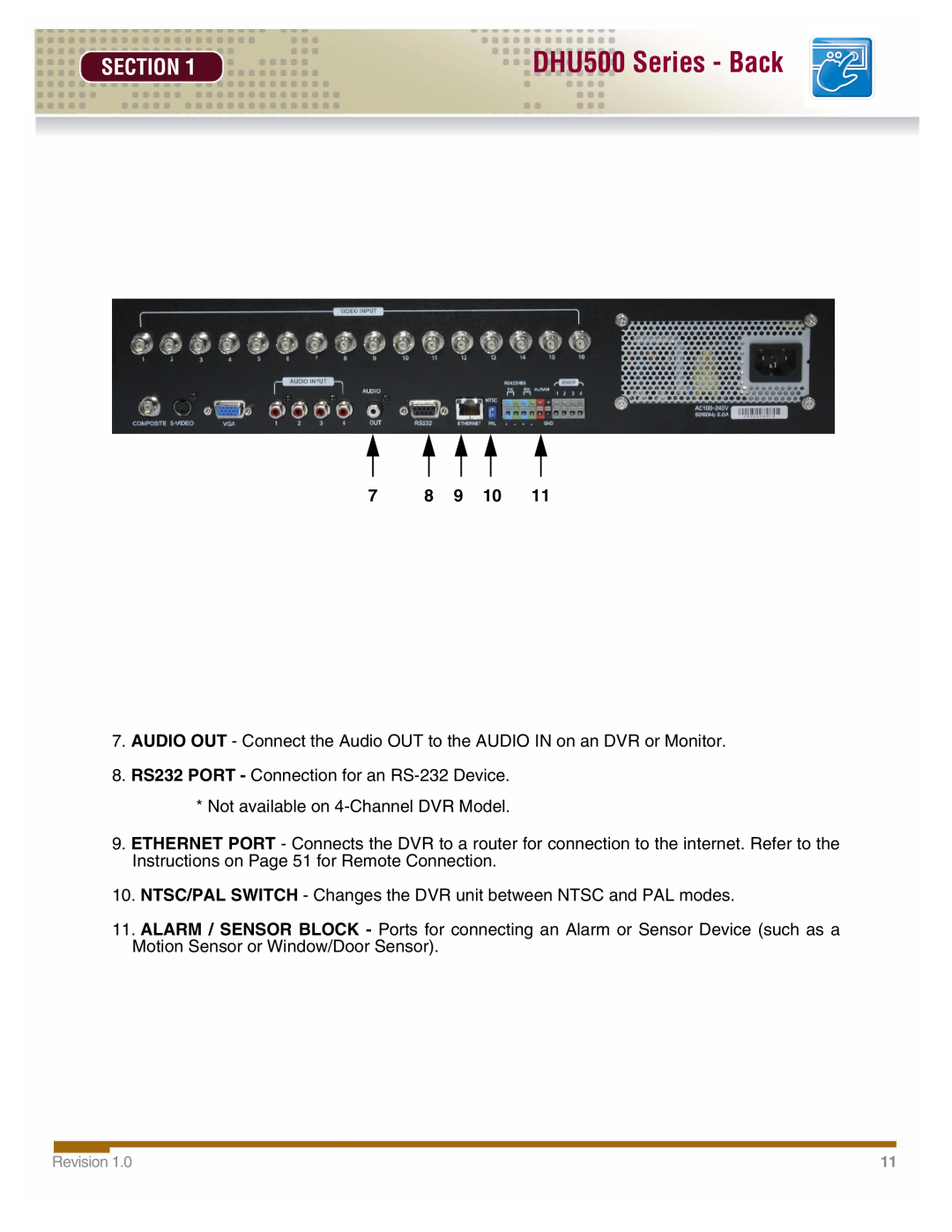 LOREX Technology manual DHU500 Series - Back, Section, 7 8 9 10, 8. RS232 PORT - Connection for an RS-232 Device 