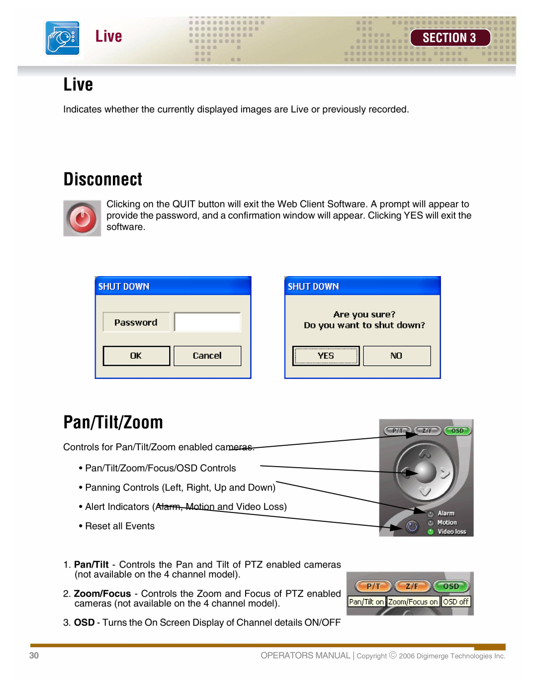 LOREX Technology DHU500 manual Live, Disconnect, Pan/Tilt/Zoom, Section 