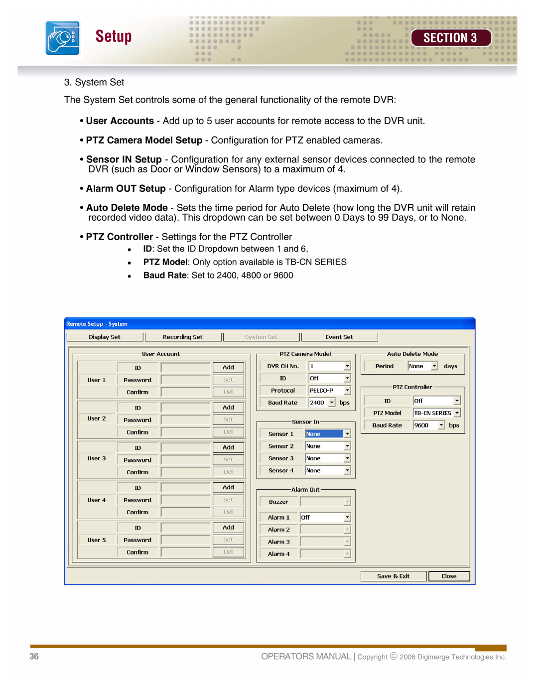 LOREX Technology DHU500 manual Setup, Section, System Set 