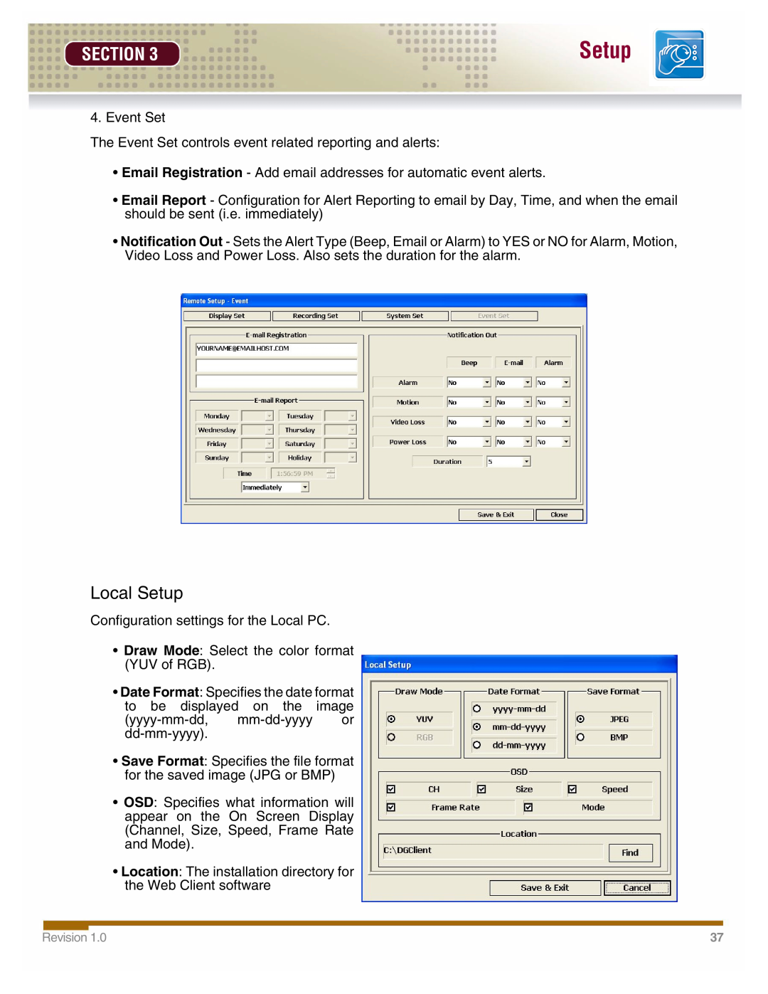 LOREX Technology DHU500 manual Local Setup, Section 