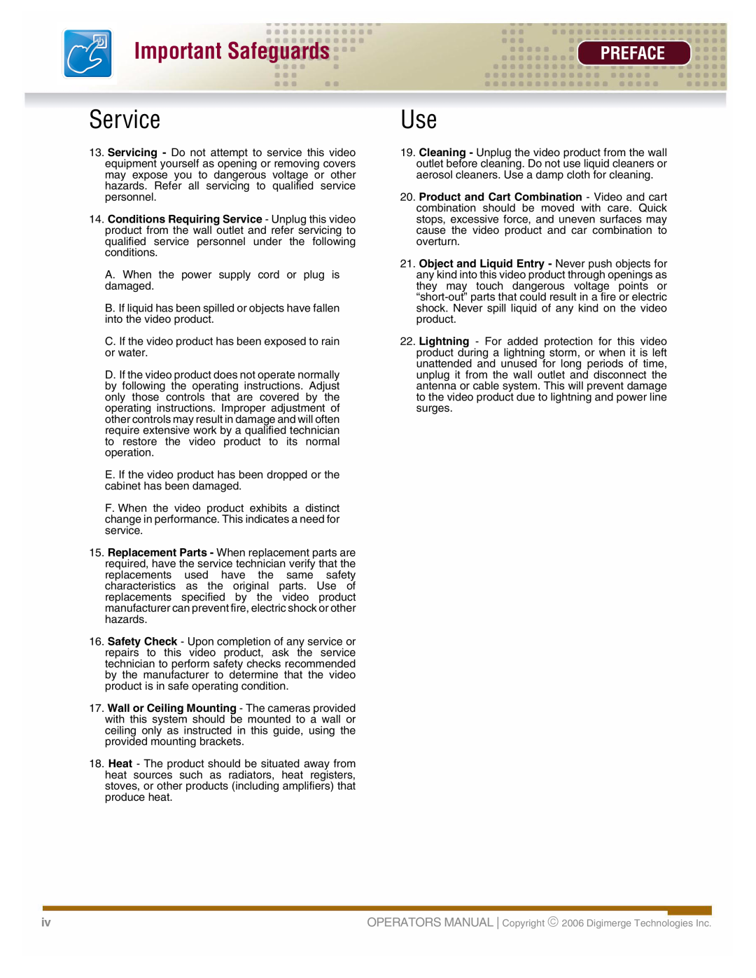 LOREX Technology DHU500 manual ServiceUse, Important Safeguards, Preface 