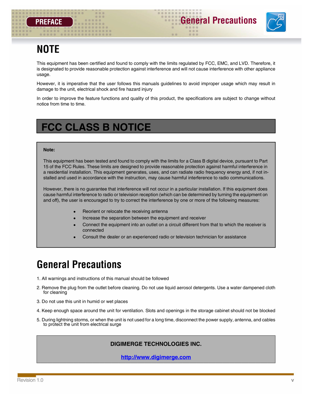 LOREX Technology DHU500 manual Fcc Class B Notice, General Precautions, Preface, Digimerge Technologies Inc, Revision 
