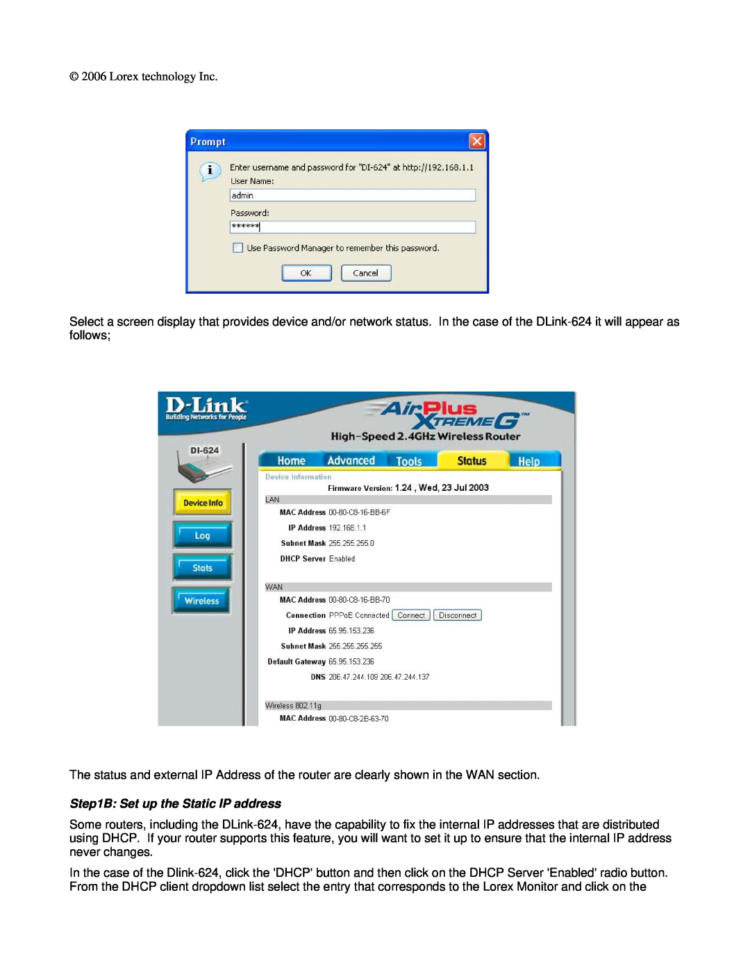 LOREX Technology Dlink DI-624 setup guide B Set up the Static IP address 
