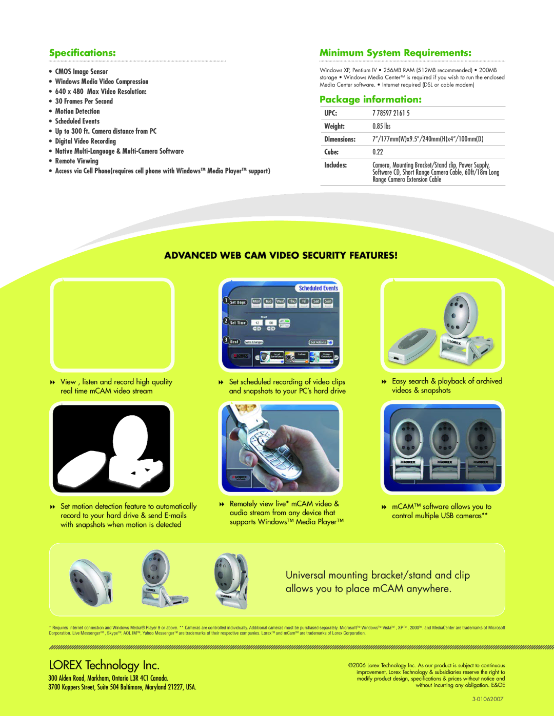 LOREX Technology DMC2161 manual Specifications, Minimum System Requirements, Package information 