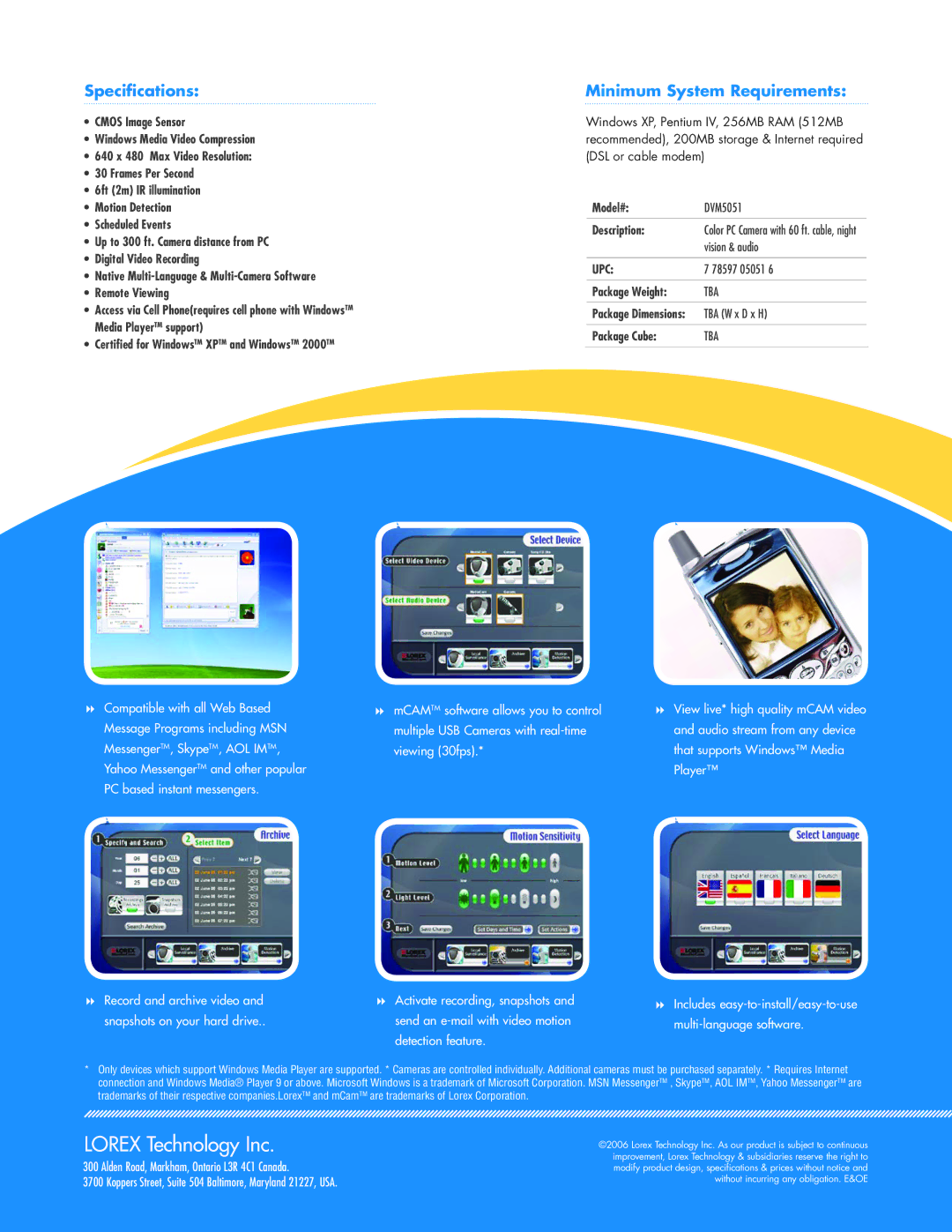 LOREX Technology DVM5051 manual Lorex Technology Inc, Specifications, Minimum System Requirements, Upc 