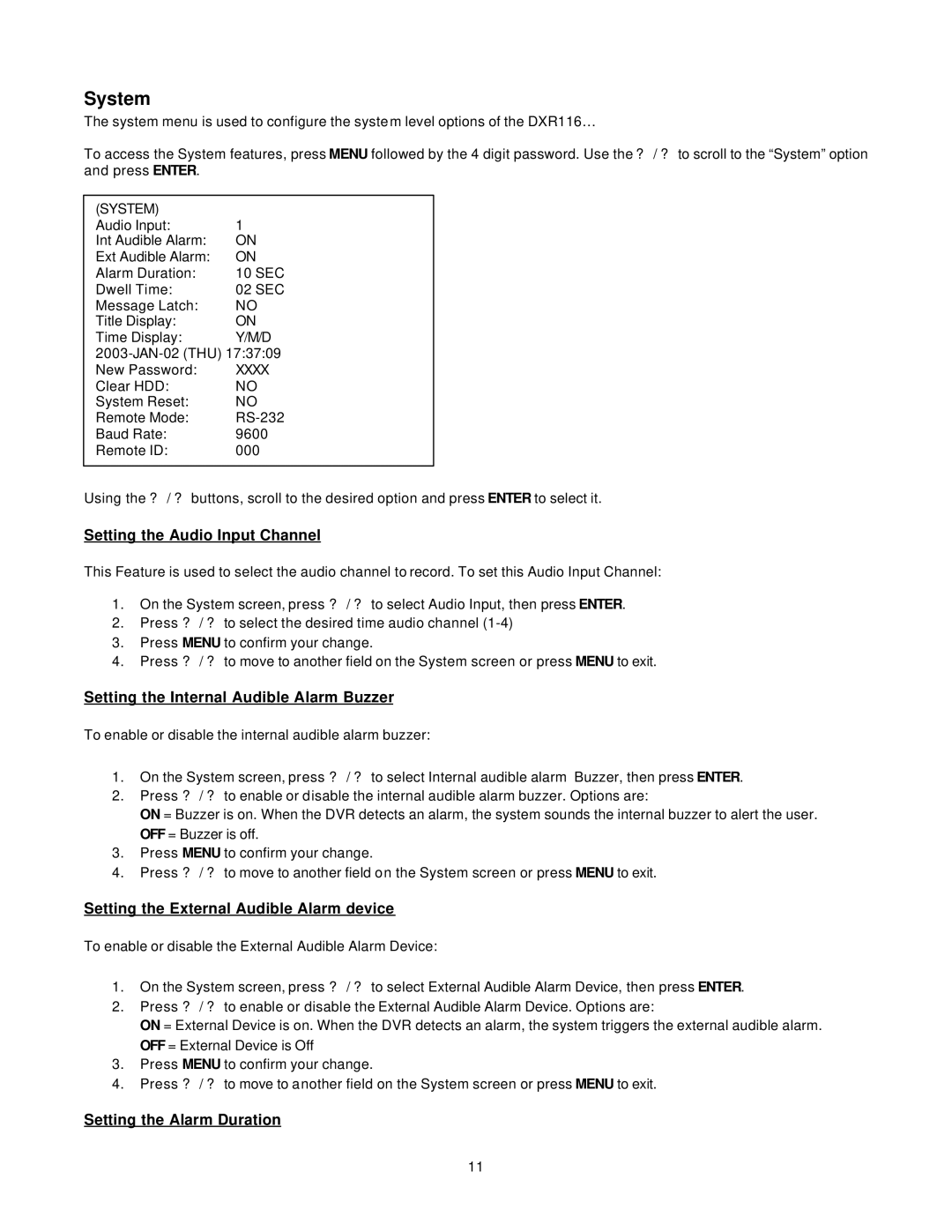 LOREX Technology DXR116 manual System, Setting the Audio Input Channel, Setting the Internal Audible Alarm Buzzer 
