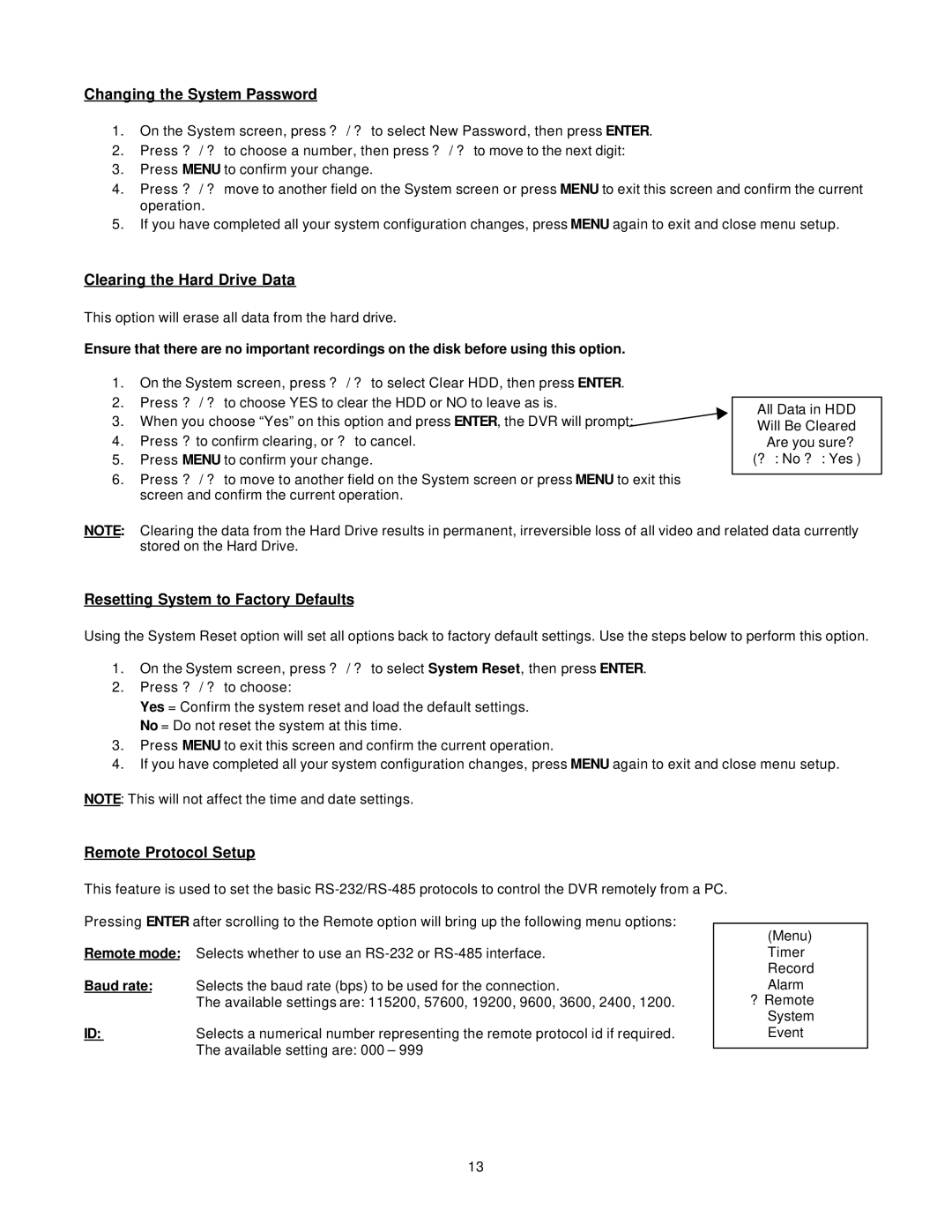 LOREX Technology DXR116 Changing the System Password, Clearing the Hard Drive Data, Resetting System to Factory Defaults 