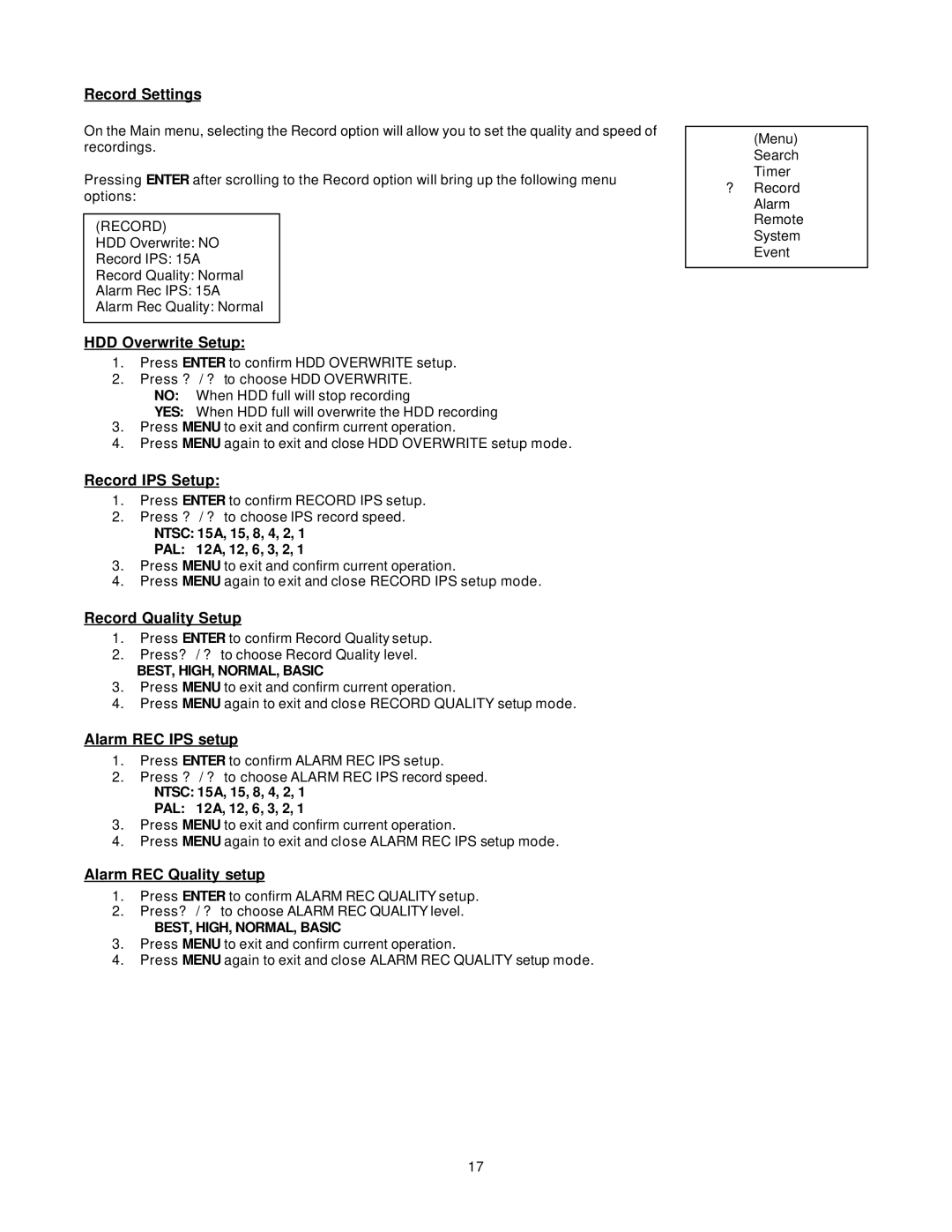 LOREX Technology DXR116 Record Settings, HDD Overwrite Setup, Record IPS Setup, Record Quality Setup, Alarm REC IPS setup 