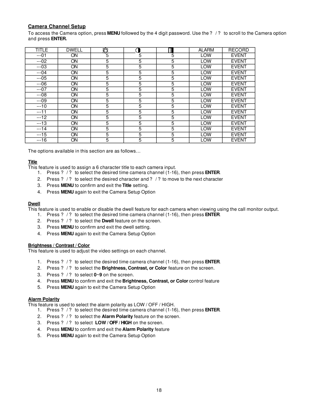 LOREX Technology DXR116 manual Camera Channel Setup, Title, Dwell, Brightness / Contrast / Color, Alarm Polarity 