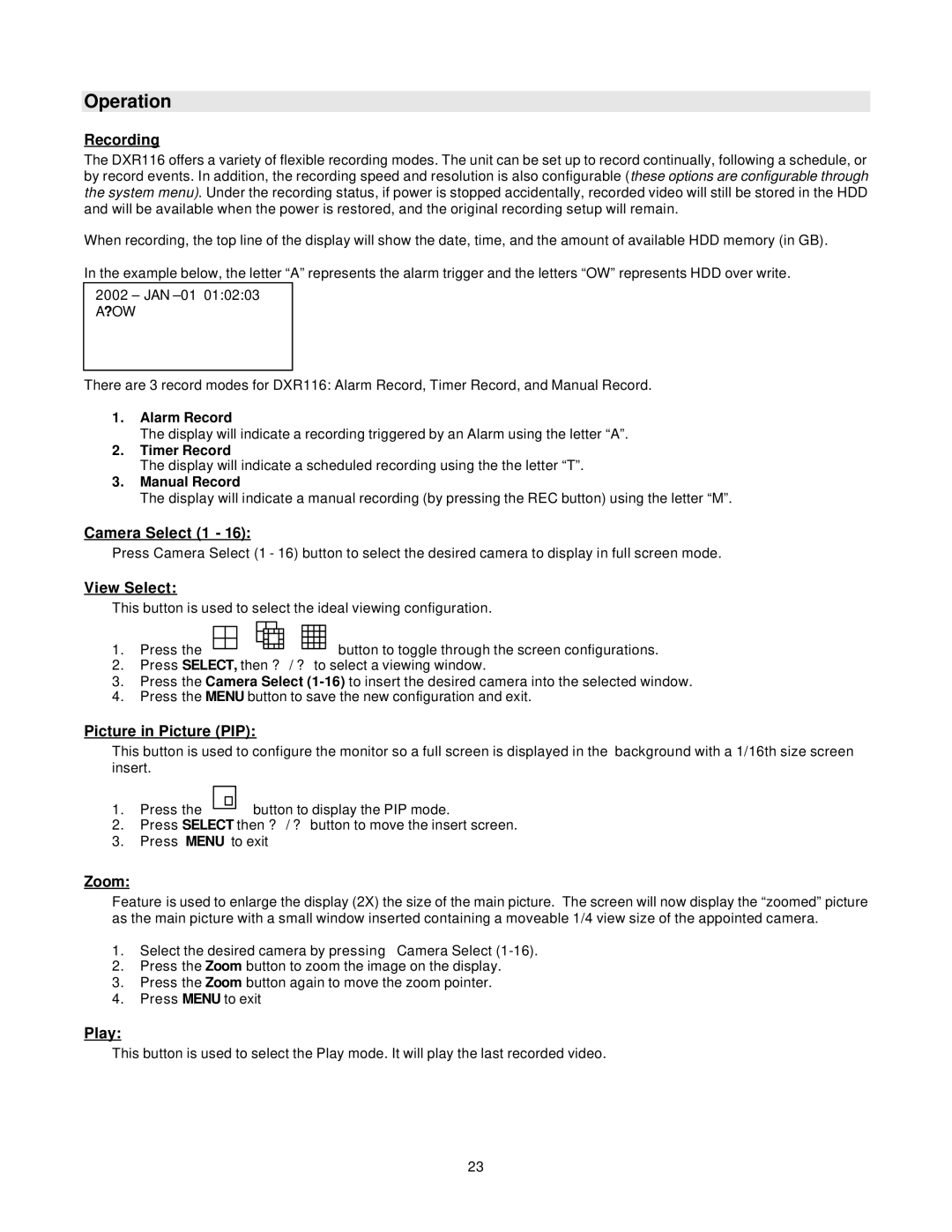 LOREX Technology DXR116 manual Operation 