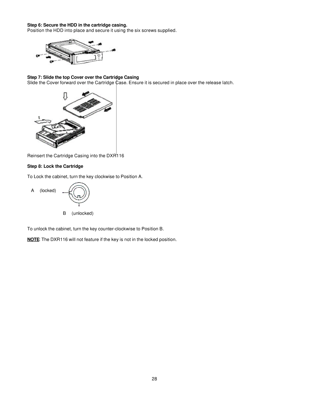 LOREX Technology DXR116 manual Secure the HDD in the cartridge casing, Slide the top Cover over the Cartridge Casing 