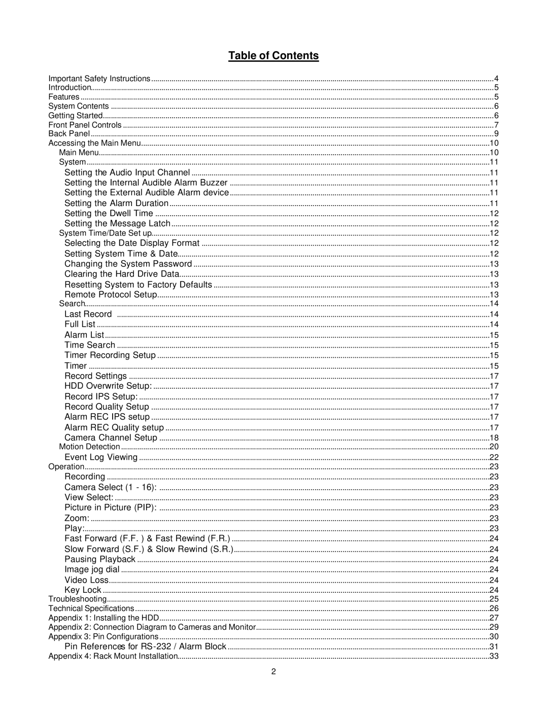 LOREX Technology DXR116 manual Table of Contents 