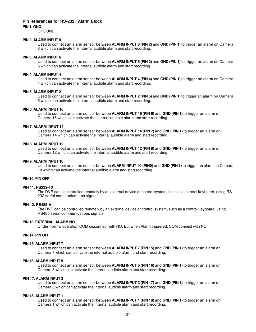 LOREX Technology DXR116 manual Pin References for RS-232 / Alarm Block 