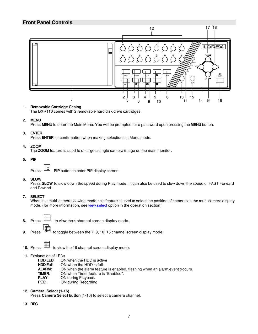 LOREX Technology DXR116 manual Front Panel Controls 