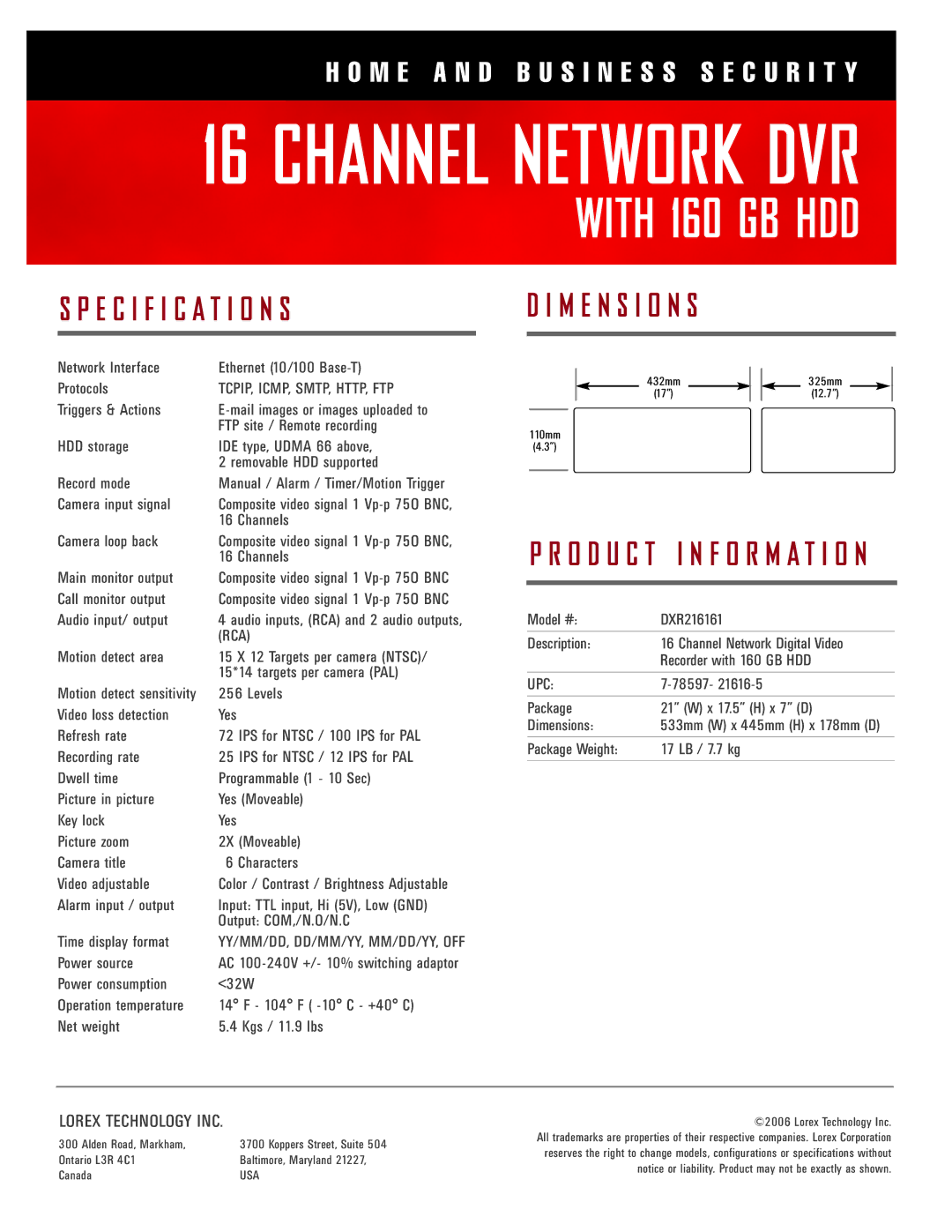 LOREX Technology DXR216161 manual Specification S, M E N S I O N S, Tcpip, Icmp, Smtp, Http, Ftp, Rca, Upc 