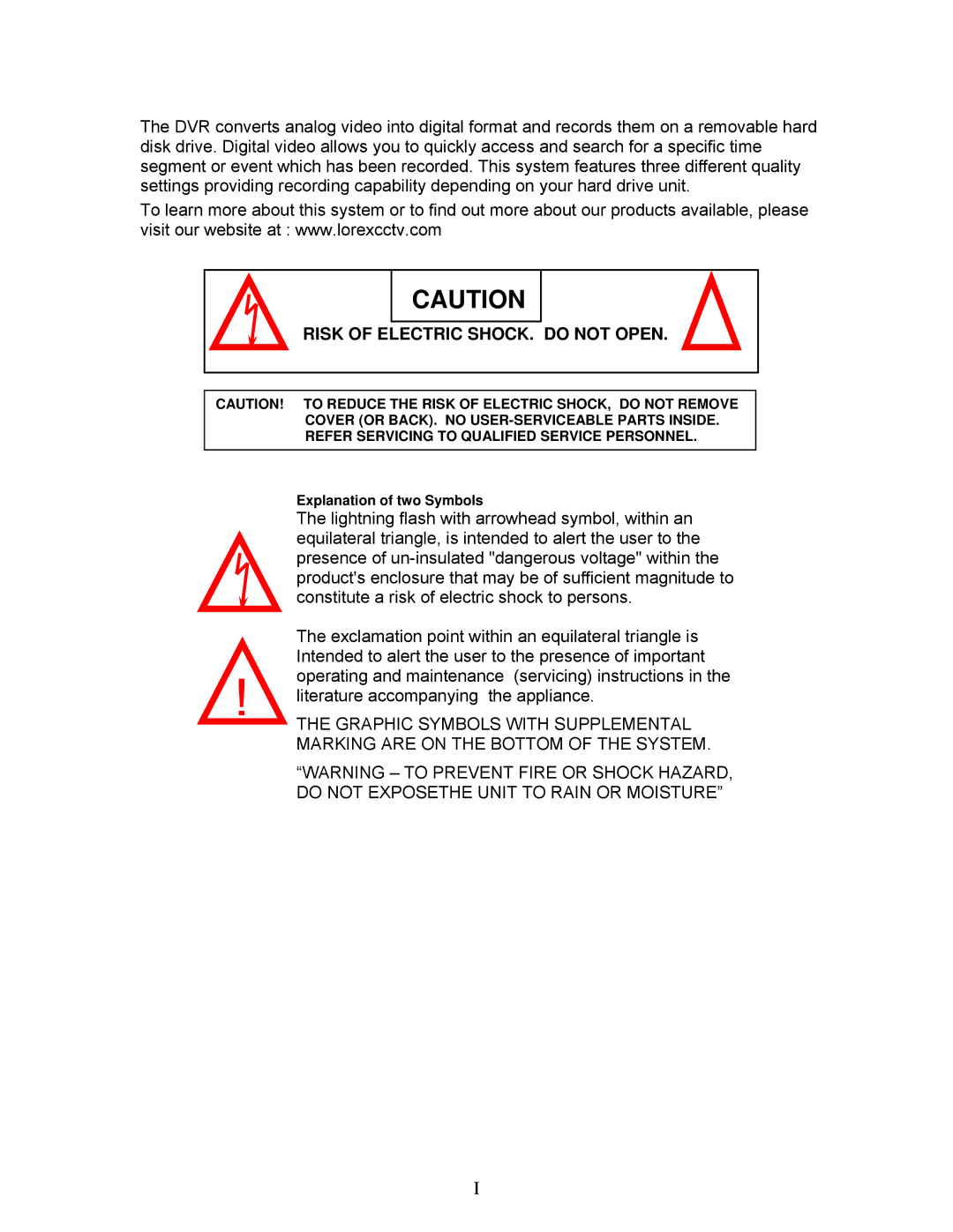 LOREX Technology DXR43000 Series instruction manual Risk of Electric SHOCK. do not Open 