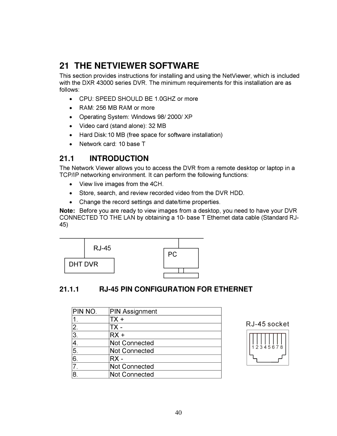 LOREX Technology DXR43000 Series Netviewer Software, Introduction, 21.1.1 RJ-45 PIN Configuration for Ethernet 