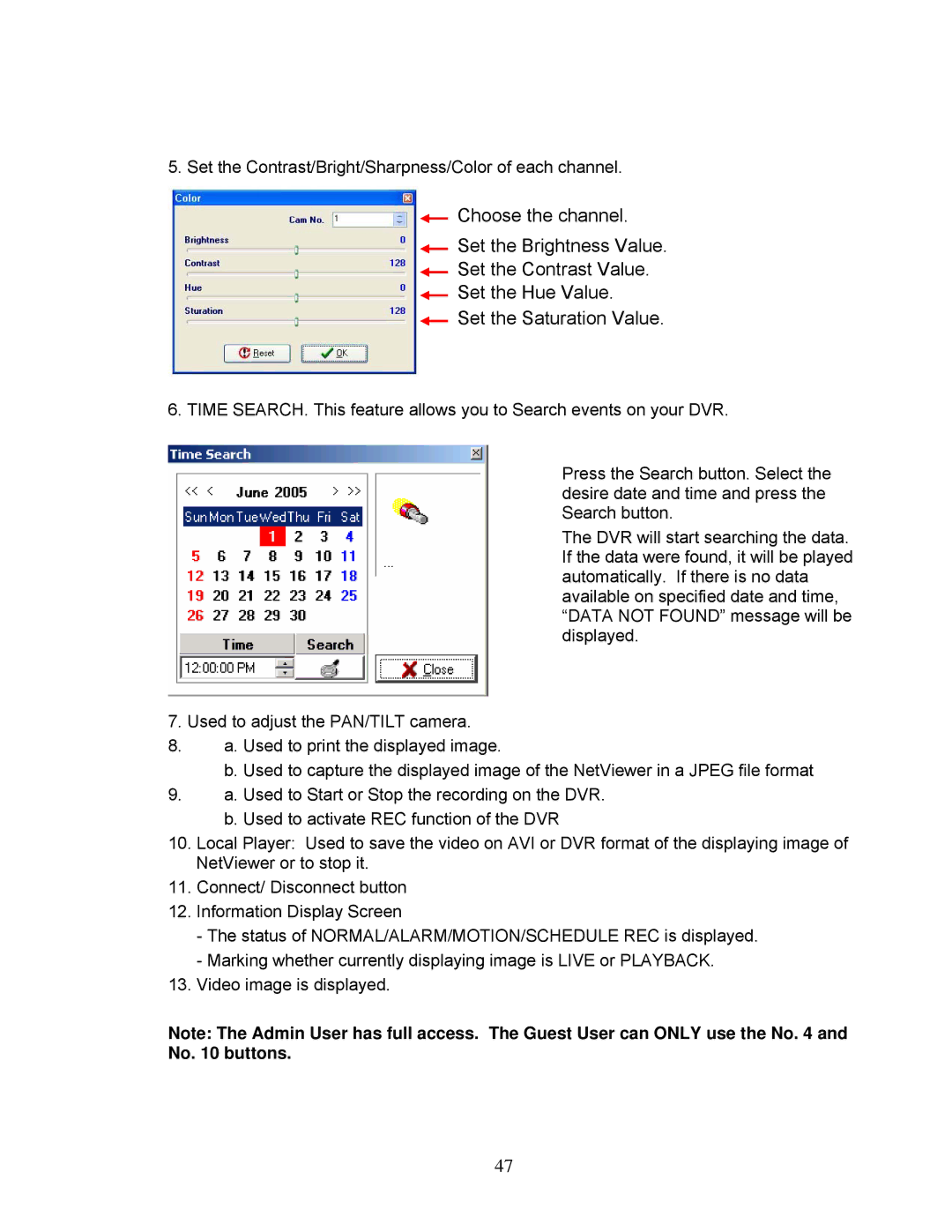 LOREX Technology DXR43000 Series instruction manual Set the Contrast/Bright/Sharpness/Color of each channel 