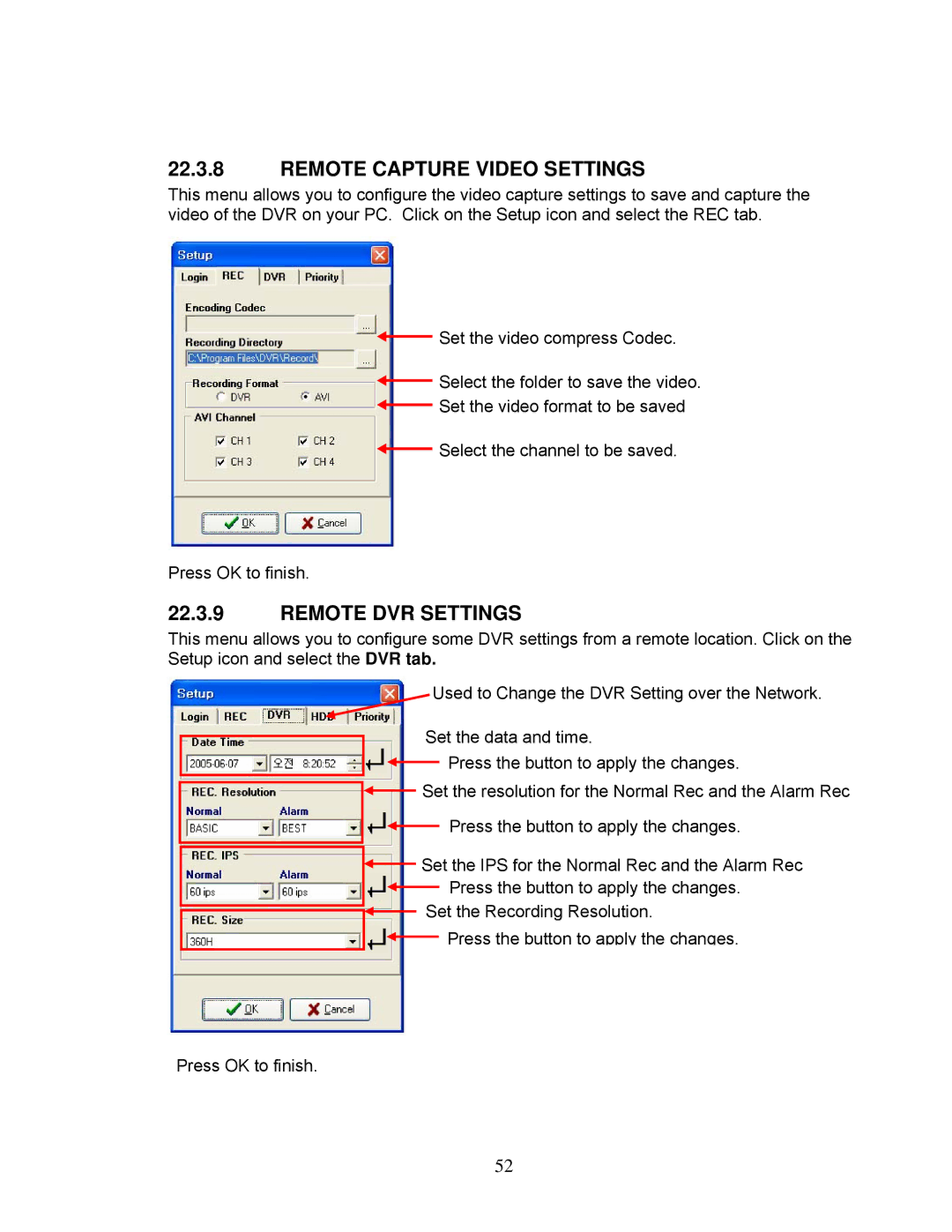 LOREX Technology DXR43000 Series instruction manual Remote Capture Video Settings, Remote DVR Settings 