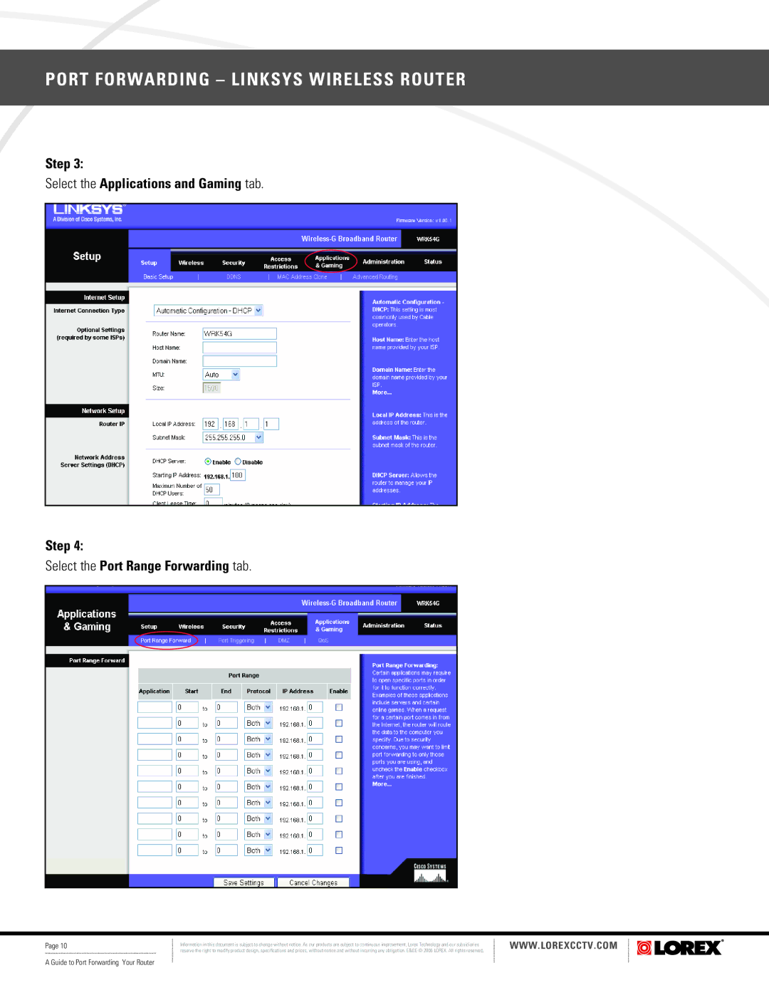 LOREX Technology F5D8230-4 manual Port Forwarding Linksys Wireless Router 