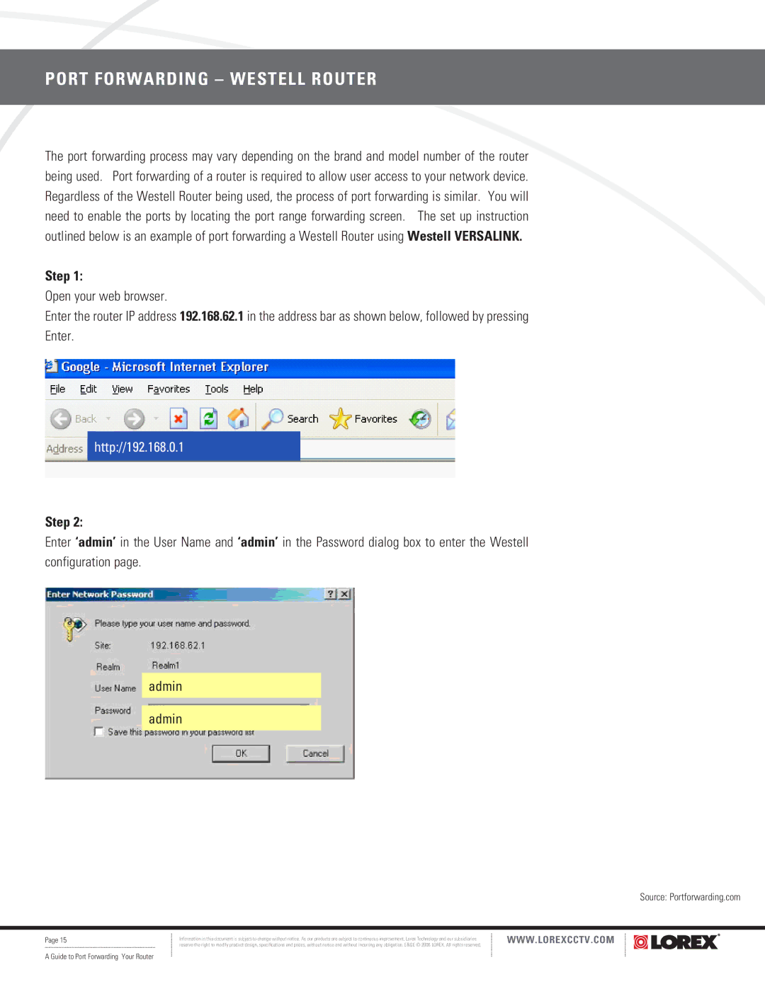 LOREX Technology F5D8230-4 manual Port Forwarding Westell Router, Admin 