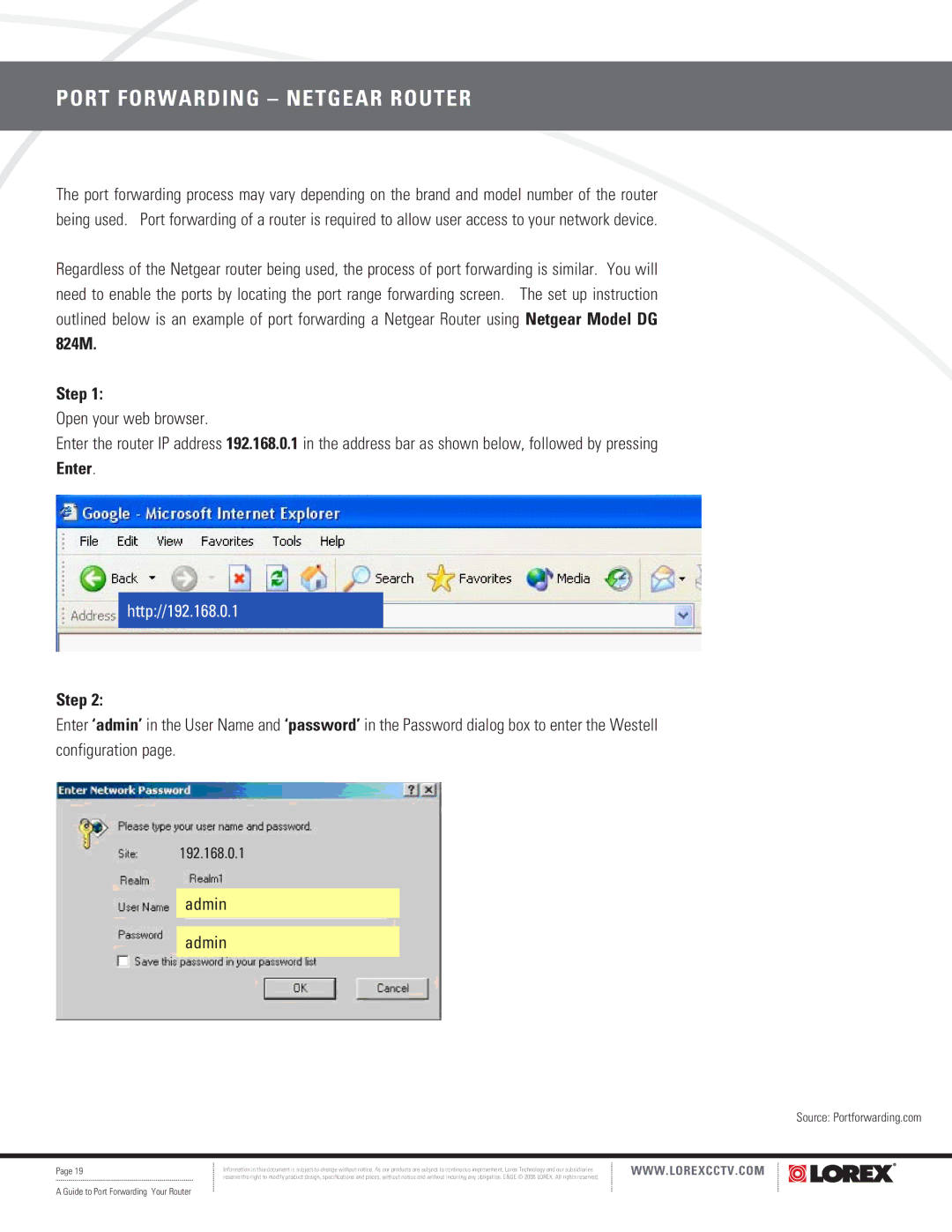 LOREX Technology F5D8230-4 manual Port Forwarding Netgear Router, 192.168.0.1 