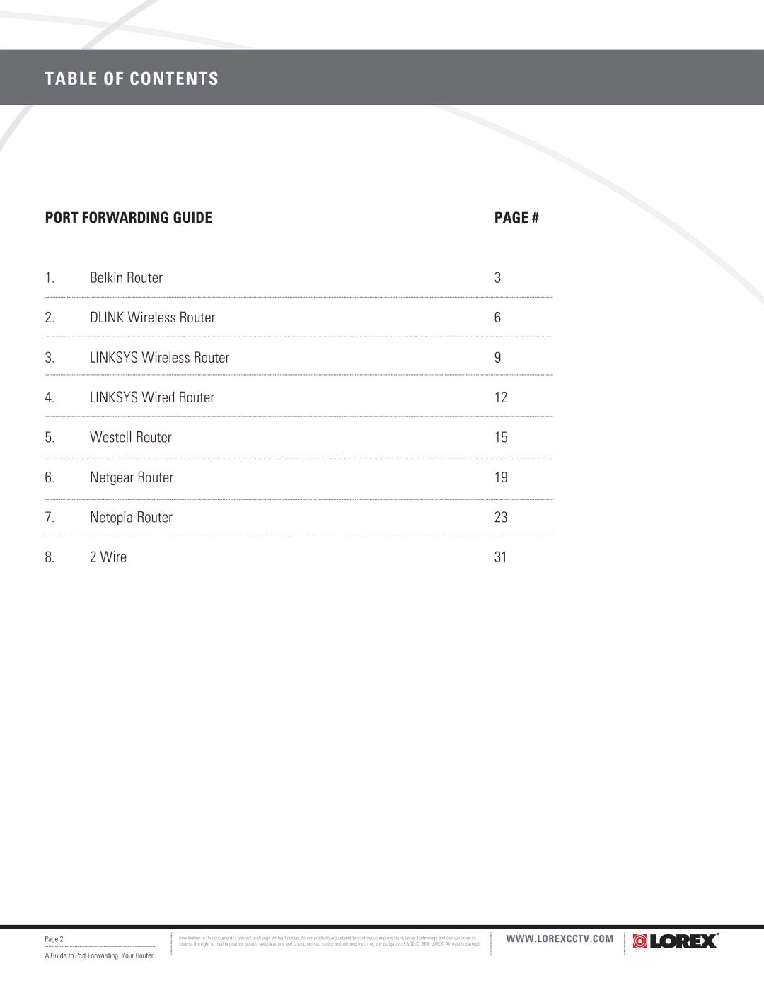 LOREX Technology F5D8230-4 manual Table of Contents 