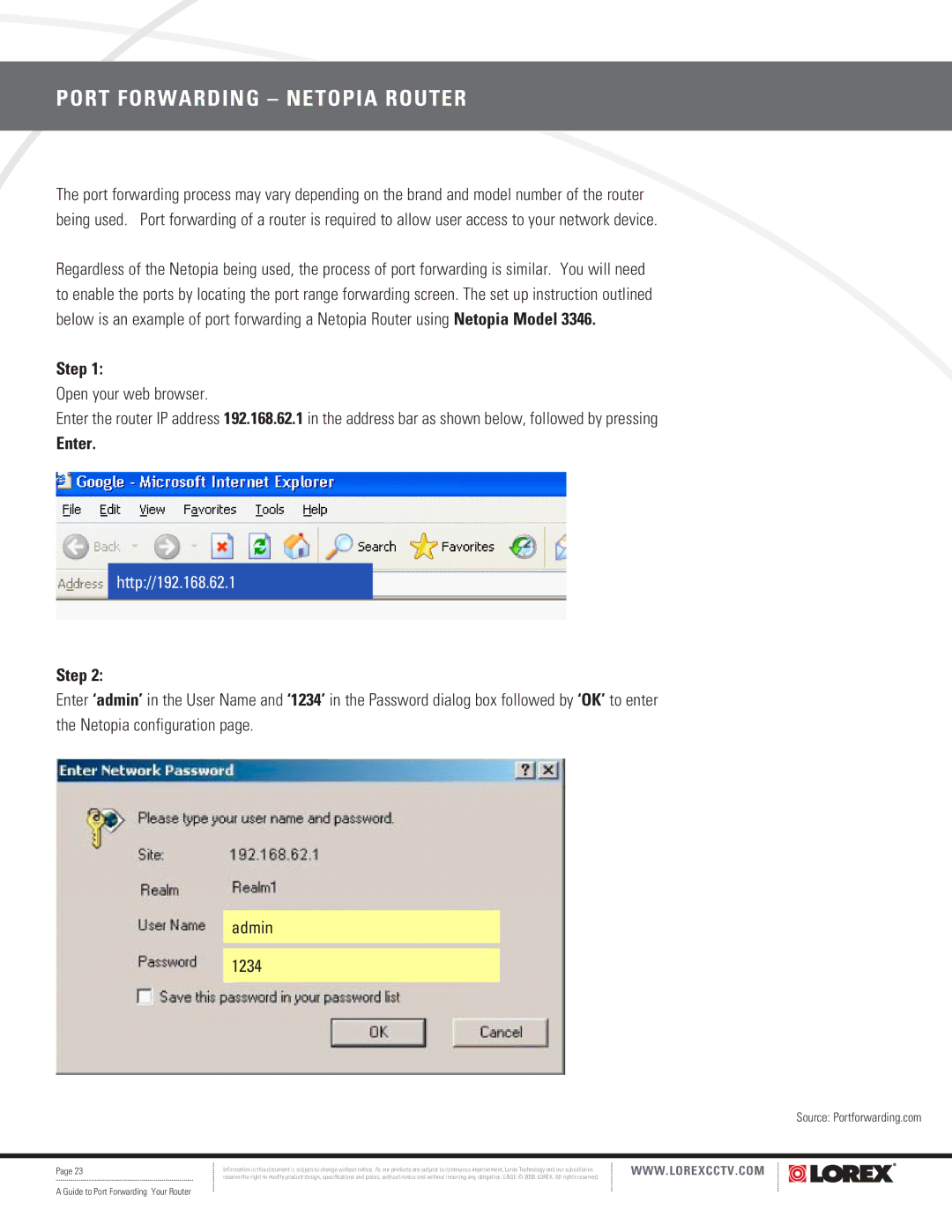 LOREX Technology F5D8230-4 manual Port Forwarding Netopia Router, Enter 