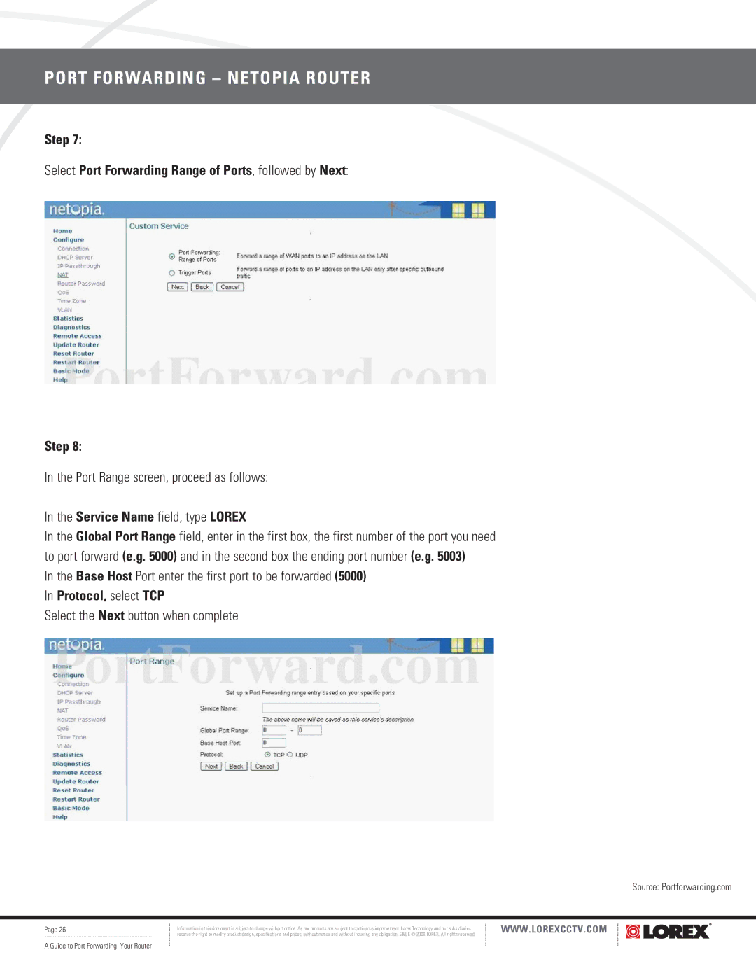 LOREX Technology F5D8230-4 manual Step Select Port Forwarding Range of Ports, followed by Next 