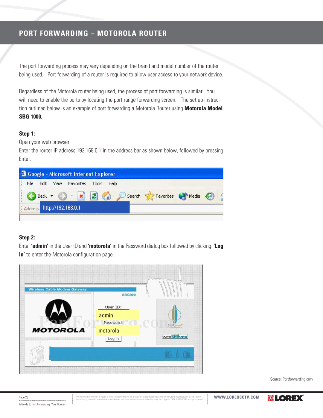 LOREX Technology F5D8230-4 manual Port Forwarding Motorola Router, SBG Step 