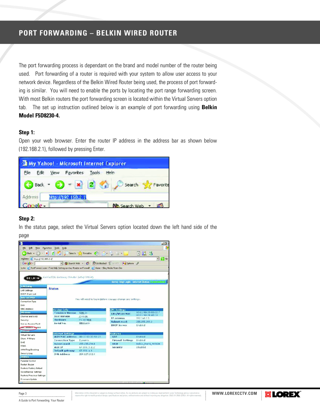 LOREX Technology manual Port Forwarding Belkin Wired Router, Model F5D8230-4 Step 