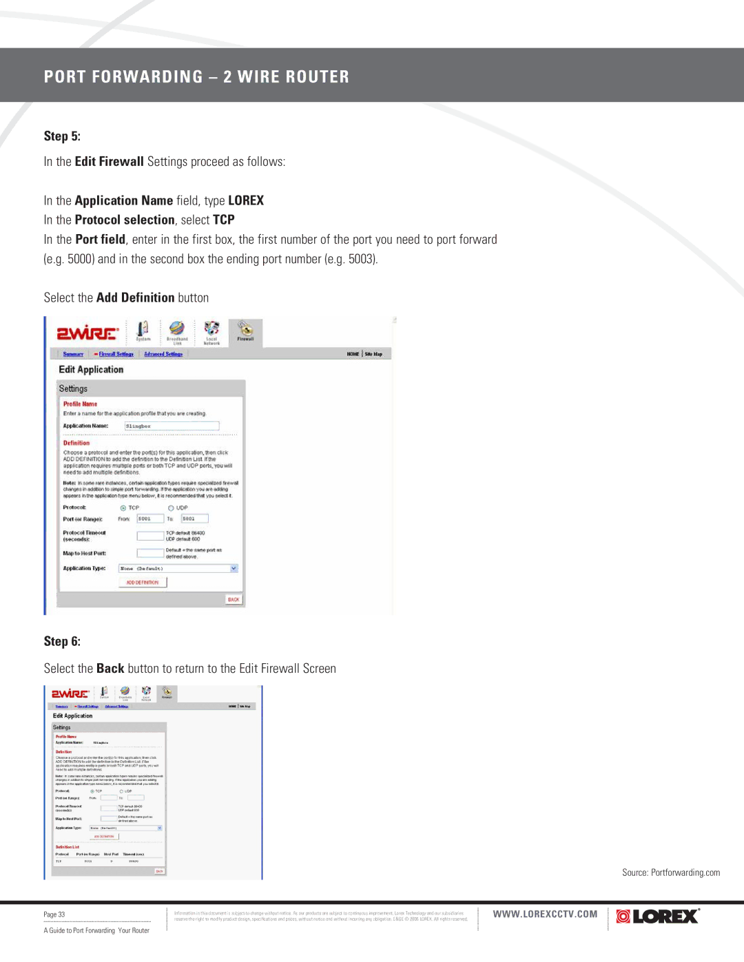 LOREX Technology F5D8230-4 manual Edit Firewall Settings proceed as follows, Select the Add Definition button 