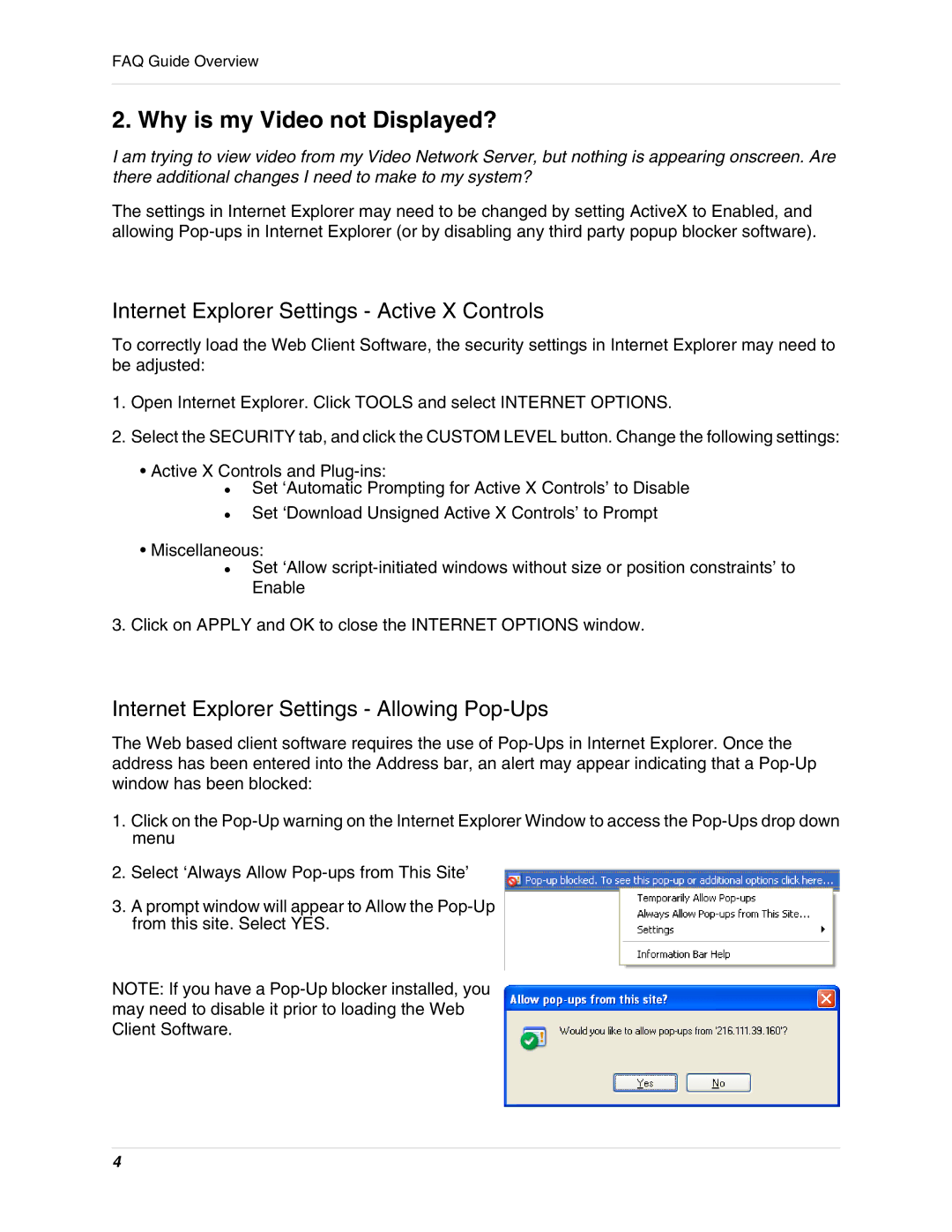 LOREX Technology IPSC2230, IPSC2260 manual Why is my Video not Displayed?, Internet Explorer Settings Active X Controls 