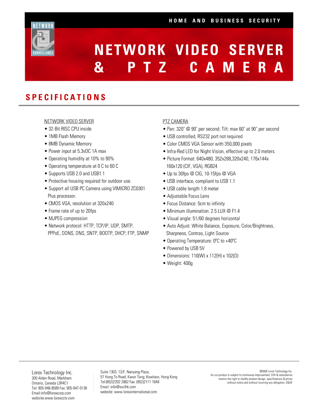 LOREX Technology IPSC2260P manual Specification S, Network Video Server, PTZ Camera 