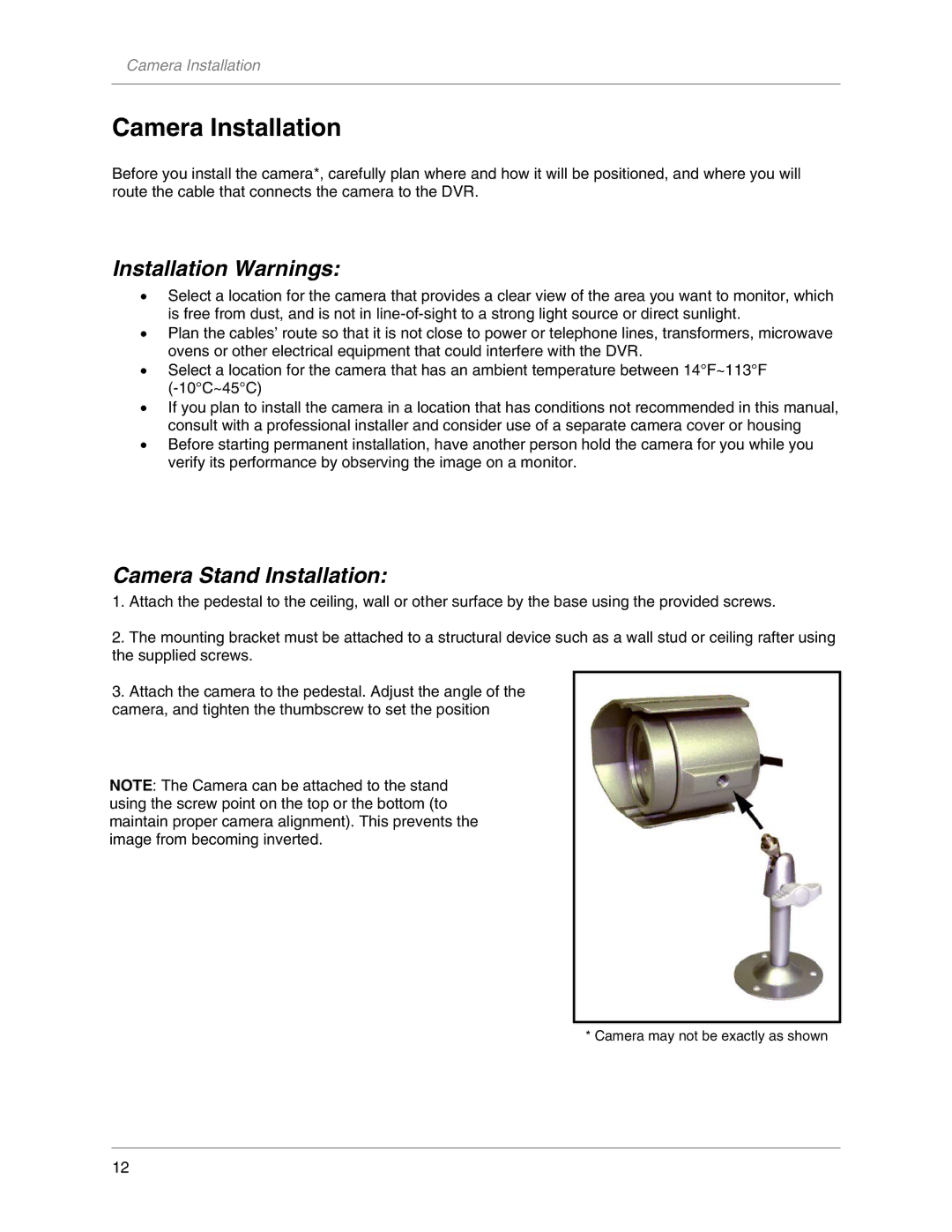 LOREX Technology L104V Series instruction manual Camera Installation, Installation Warnings, Camera Stand Installation 