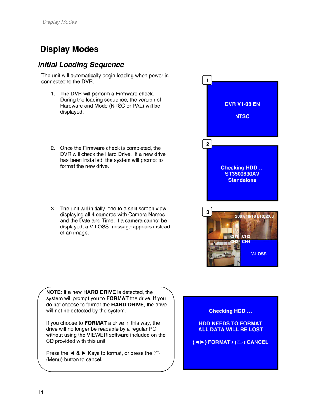 LOREX Technology L104V Series instruction manual Display Modes, Initial Loading Sequence 