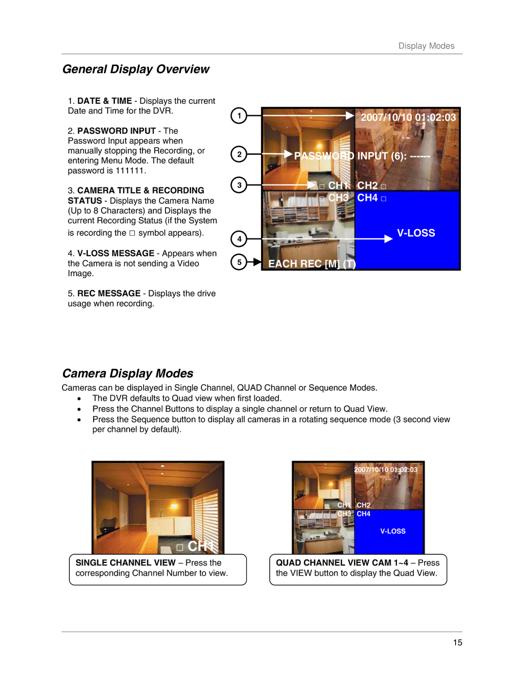 LOREX Technology L104V Series instruction manual General Display Overview, Camera Display Modes, Camera Title & Recording 