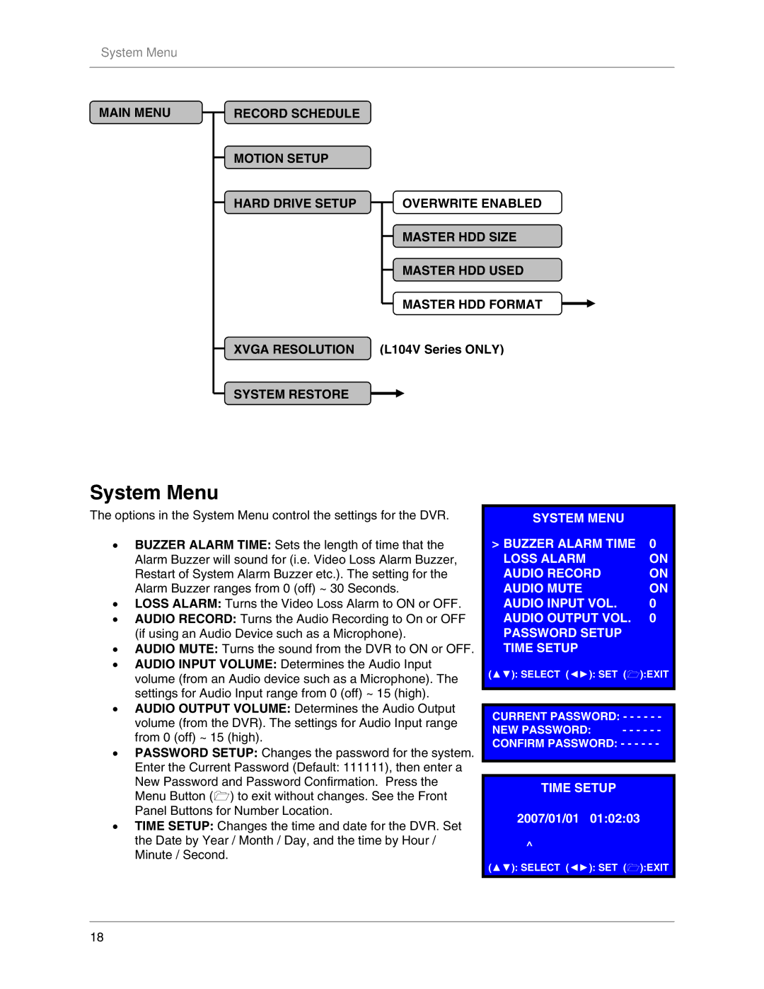 LOREX Technology L104V Series instruction manual System Menu, System Restore 