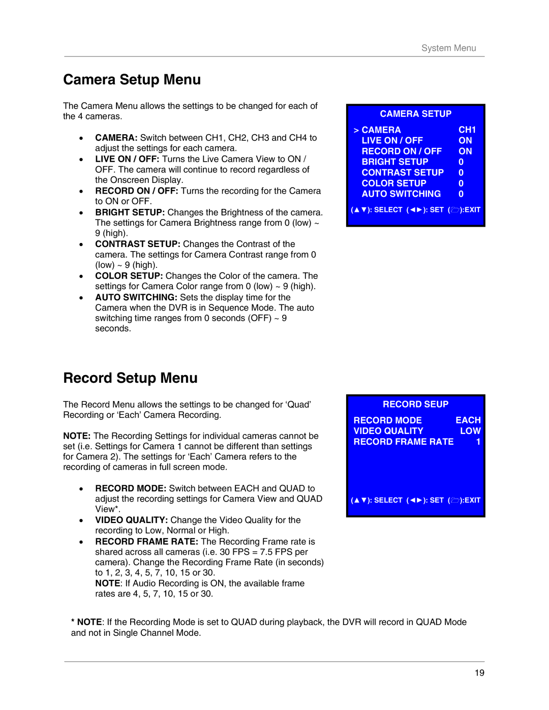 LOREX Technology L104V Series instruction manual Camera Setup Menu, Record Setup Menu 