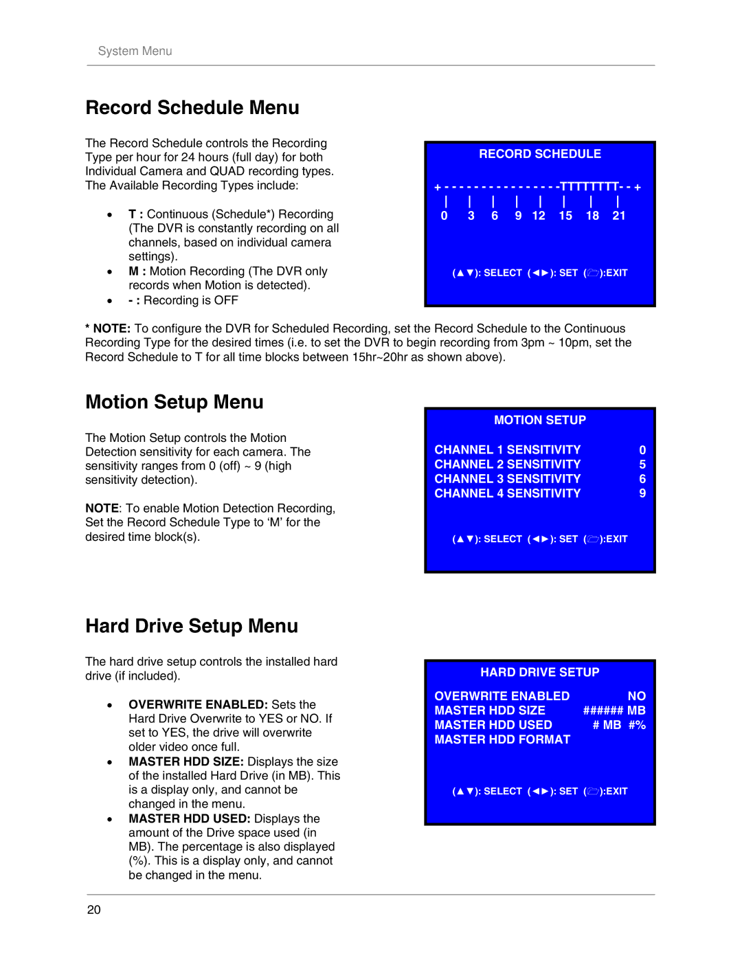 LOREX Technology L104V Series instruction manual Record Schedule Menu, Motion Setup Menu, Hard Drive Setup Menu 