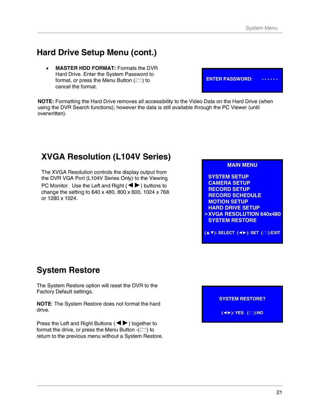 LOREX Technology instruction manual Xvga Resolution L104V Series, System Restore 