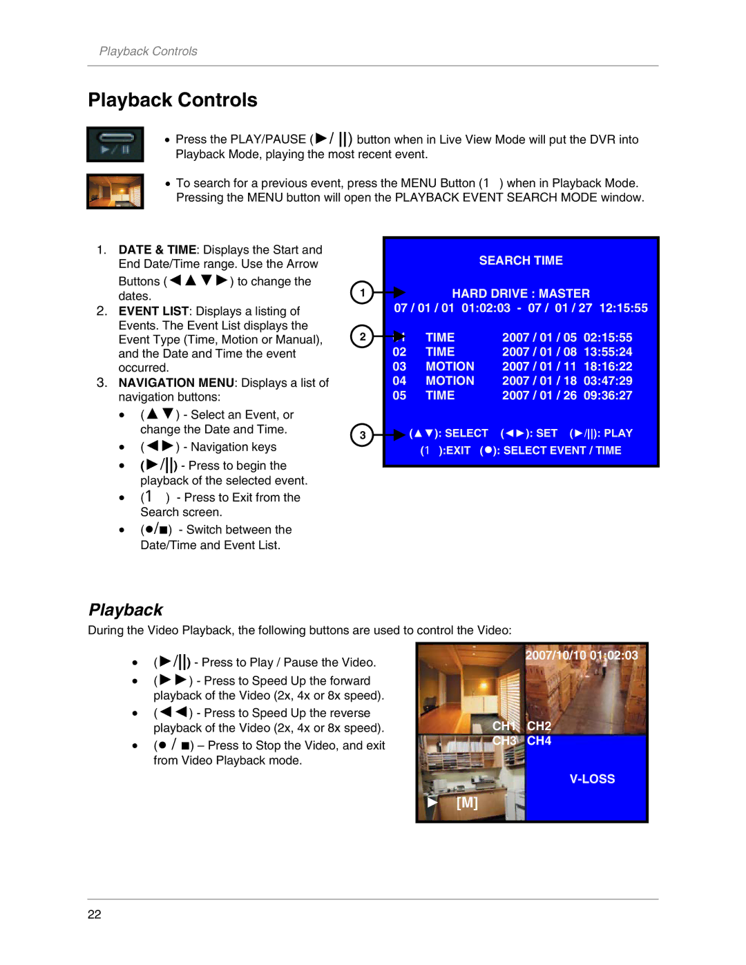 LOREX Technology L104V Series instruction manual Playback Controls 