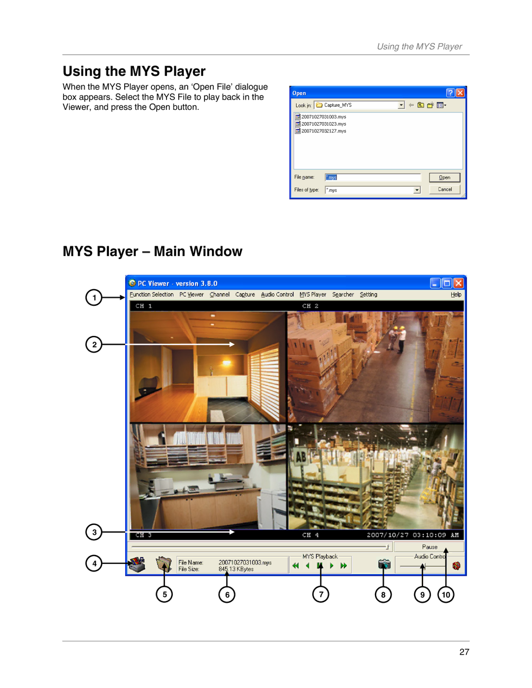 LOREX Technology L104V Series instruction manual Using the MYS Player, MYS Player Main Window 