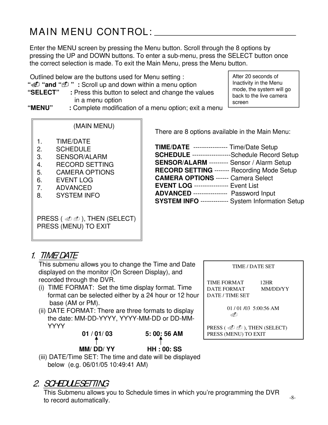 LOREX Technology L154-81 instruction manual Main Menu Control, Time/Date, Schedule Setting 