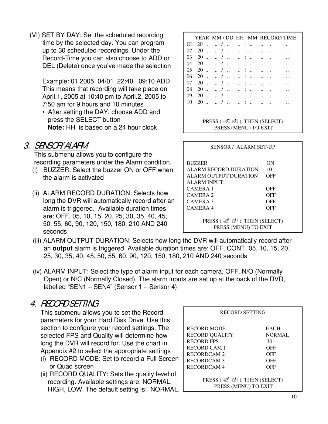 LOREX Technology L154-81 instruction manual Sensor/Alarm, Record Setting 