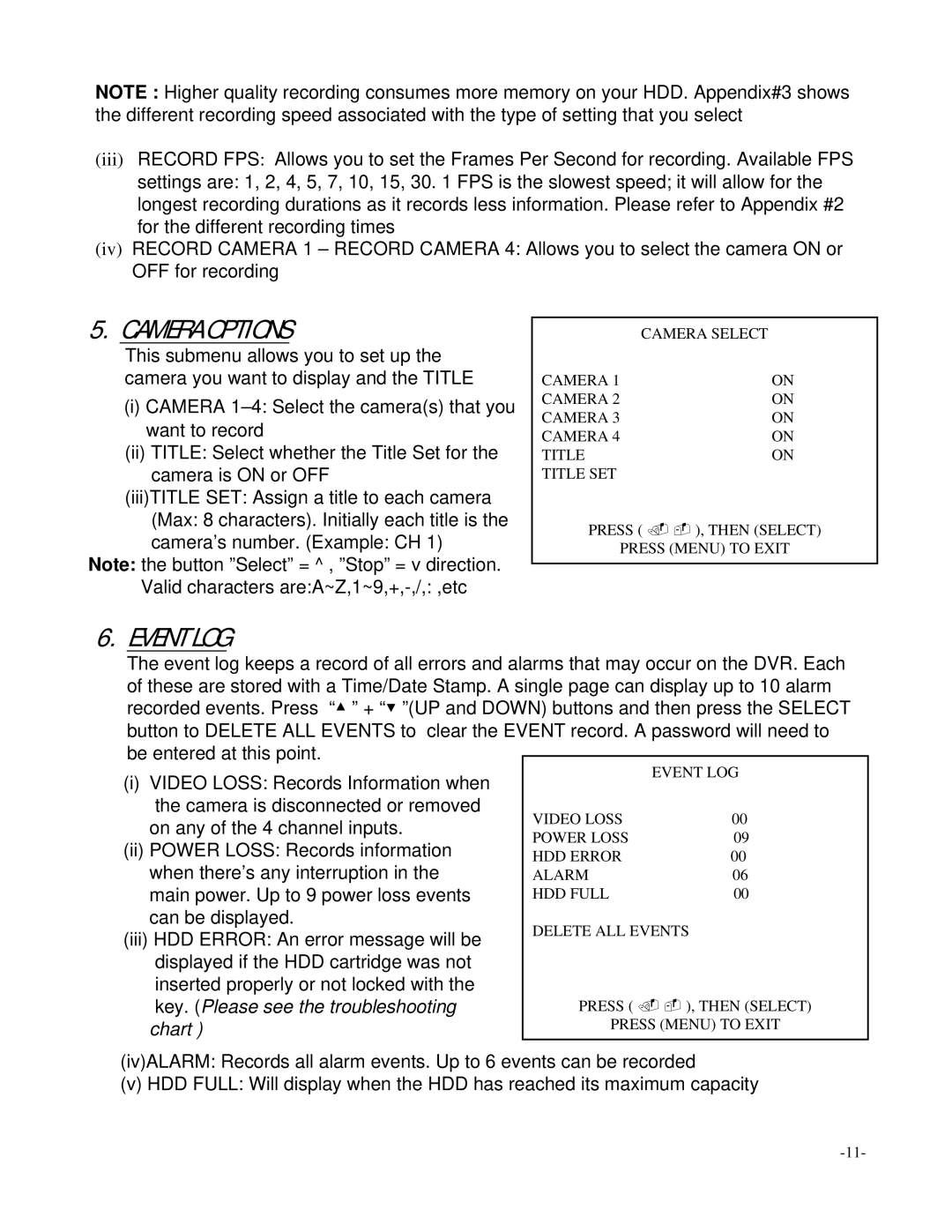 LOREX Technology L154-81 instruction manual Camera Options, Event LOG 