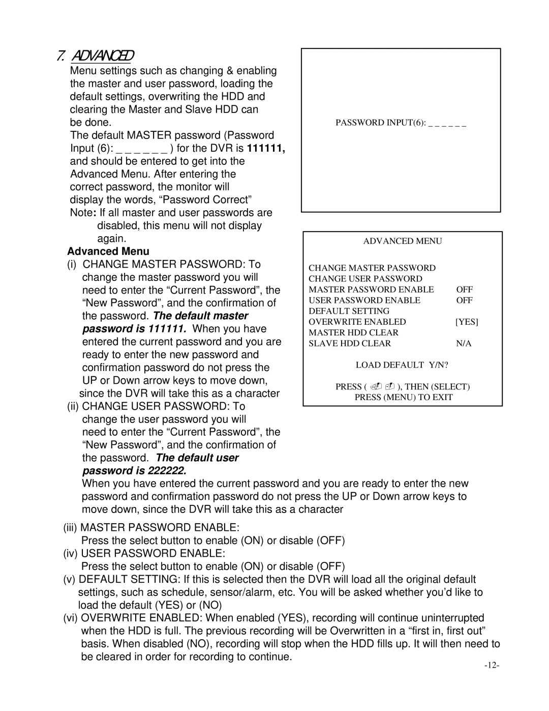 LOREX Technology L154-81 instruction manual Advanced Menu 